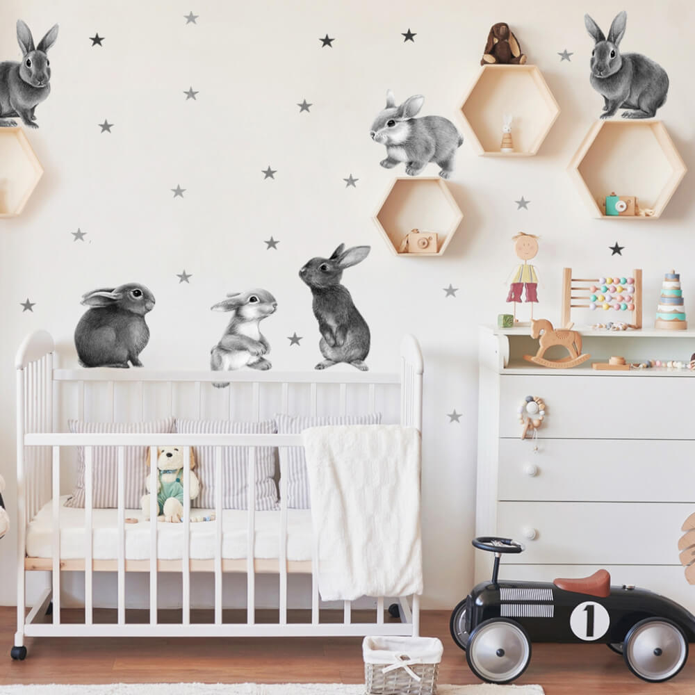 Adesivi da parete - Coniglietti grigi per la cameretta dei bambini